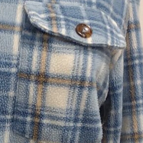 INNER CIRCLE SHIRT FLEECE BLUE WHITE BROWN PLAID FRONT BUTTON FRINGE HEM SIZE S - Picture 4 of 13